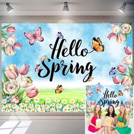 8x6FT Colorful Floral Butterfly Hello Spring Backdrop Butterfly Flowers Birthday Decorations Background for Girls Women Spring Themed Easter Party Indoor Outdoor Photo Banner