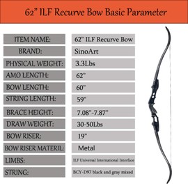 TBOW 62” ILF Recurve Bow with Gordon Limbs 30-60Lbs for Adult Archery Competition Athletic Right Hand (40Lbs)