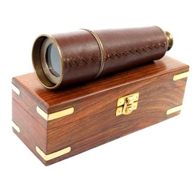 Antique Telescope Antique Brass and Leather Extendable to 50 cm in Elegant Wooden Box