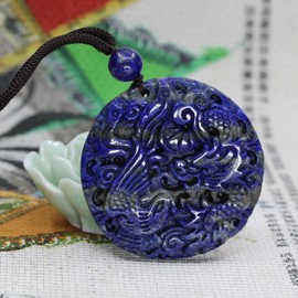 Keleny Natural Blue Lapis Quartzite Gemstone Dragon Phoenix Amulet 45mm Beads Charm Stone Pendant Browen Rope Necklace 20 Inch