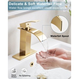 HOIGY Gold Bathroom Faucet Waterfall, Brass Bathroom Faucets Single Hole or 3 Hole 4 Inch, Single Handle Bathroom Sink Faucet with Deck Plate & Drain