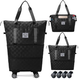 Expandable Foldable Duffel Bag Suitcases,Detachable Rolling Wheels,Rolling Duffle Bag with Wheels,Suitcases with Wheels,Carry on Luggage,for Men Women Lightweight Suitcases (Black)