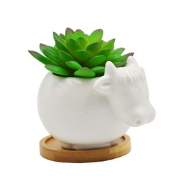 Cuteforyou Succulent Pots,Cute 4.72 Inch Indoor Animal Cow Shaped Cartoon Ceramic Succulent Cactus Flower Pot with Bamboo Tray -Plant Not Included