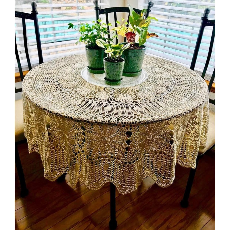 USTIDE Hand Crocheted Tablecloth Beige 100% Cotton Round Lace Tablecloths