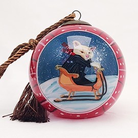 Handcrafted Inside-Painted Glass Ball Ornament - Red-Ski Cat Design by LiBien丨Artistic Holiday Collectible & Unique Choice for Cat Lovers