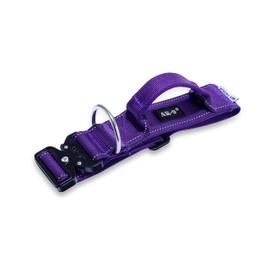 A K9 Bully Dog Tactical Combat Dog Collar with Control Handle, Military Grade Aluminium Heavy Duty Clasp, Welded Stainless Steel D Ring Reflective Webbing, Wide 50mm, Adjustable Medium 40-53cm Purple