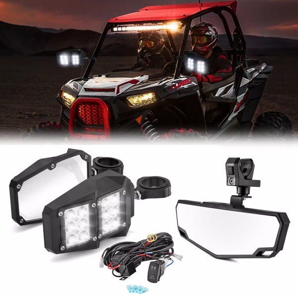 WEISEN Side Rear View Mirrors w/ Light+Center Mirror For Polaris