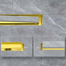 EXF Offset Linear Shower Drain 22 Inch Brushed Gold, Stainless Steel Rectangle Bathroom Floor Drain with Hair Catcher, Adjustable Feet