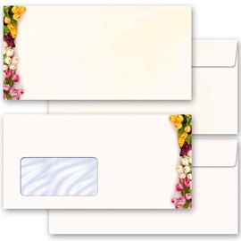 25 envelopes (without window), spring, colourful tulips DIN long (220 x 110 mm)