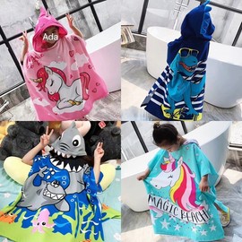Kids' Vibrant Print Hooded Poncho Bath Towel - Absorbent Quick-Dry Wearable Robe Dinosaur World (Large) [75*180cm] 4ea