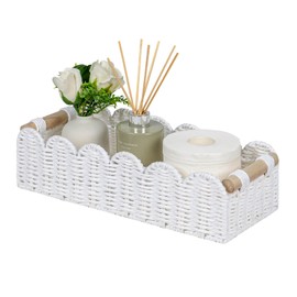 CubesLand Scalloped Edge Toilet Paper Storage Basket, Living Room Home Cozy Decor Basket, Paper Rope Small Baskets for Over Toilet Storage Shelf, End Table, Shelves, with 2 Wooden Handles, White