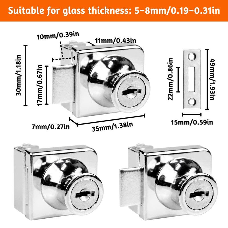 2 Pack Glass Cabinet Lock Single Glass Door Locks Display