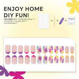 French Tip Press on Nails Glossy Short Almond Fake Nails with Colorful Daisy and Polka Dot Designs Spring Summer False Manicure Full Cover Acrylic Artificial Manicure for Women 24 Pcs