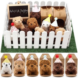 Rigibright 56 piezas de regalos de fiesta de adoptar un cachorro, set de animales de peluche mini suaves incluye 14 perros mini, sombreros de cumpleaños, cerca plástica blanca con césped artificial