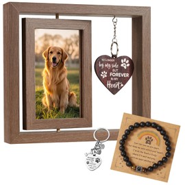 QMoveltyF Pet Memorial Sympathy Gifts for Loss of Dog Rotating Wooden Cat & Dog Loss Gifts Memorial Picture Frame Display Two 4x6 Photos and 8MM Rainbow Bridge Bracelet Bereavement Remembrance(Black)