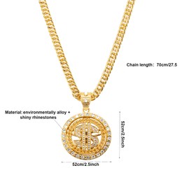 Gold Necklace Chain with Dollar Sign, Hip Hop Dollar Necklace, 18K Gold Plated Hip Hop Chain Necklace Pendant for Men, 32 inch (Rotatable Dollar Sign)