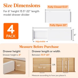 Lifewit 4 Pack 6" High Drawer Dividers 34-56cm/13.5-22" Adjustable Drawer Organizer for Clothes/Utensils, Expandable Drawer Separator in Dresser/Kitchen/Bedroom/Office Organization & Storage White