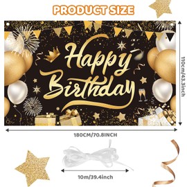 EOAMGO Happy Birthday Banner, Black Gold Happy Birthday Banners Decorations for Women Men Girls Boys, Large Happy Birthday Banner Backdrop for Birthday Party (1.1 X 1.8m)