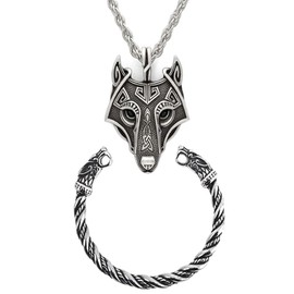 TURTLEDOVE Viking Wolf Head Necklace and Fenrir Bangle Set, Stainless Steel Norse Fenrir Pendant, Nordic Scandinavian Amulet 2PCS