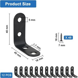 12 Pcs Right Angled Brackets, 40x40x18 mm Small Metal Brackets with 48 Screws, L Shaped Bracket, 90 Degree Corner Bracket, Right Angle Stainless Steel Corner Black Brackets, for Wood Chair Bookshelf