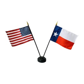 Set of 6 4x6 E-Gloss Texas Stick Flag w/U.S. Stick Flag & 2 Flag Plastic Table Base - Proudly Made in The USA