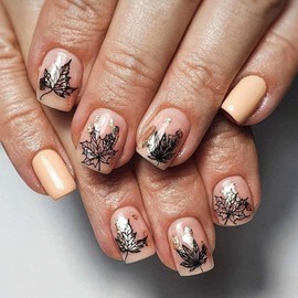 24pcs Fall Press On Nails Short Square Fake Nails Gold Foil With Maple Leaf Design Nude False Nails Reusable Glue On Nails Thanksgiving Acrylic Nail Glossy Stick On Nail For Women Holiday Manicure