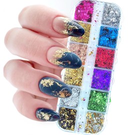 12 Colors Gold Nail Art Sequins Gold Foil Holographic Foil Nail Flakes Stickers Nail Sequins Glitter Mermaid Design Nail Flakes Acrylic Nail Art for Women Girls DIY Nail Art Decoration