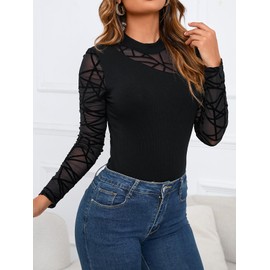 Women's See Through Mesh Long Sleeve Mock Neck Skinny Leotard Bodysuit (AU, Alpha, Medium, Regular, Regular, Black)