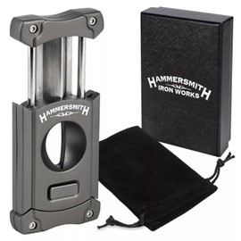 Hammersmith Beast V-Cut Cigar Cutter with Built-in Pull-Out 8mm Punch Cutter, Stainless Steel Blade, Easy Push-Button Spring-Action Release, Perfect Cigar Accessories for Men - Gunmetal Finish