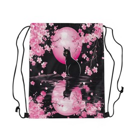 jejeloiu Black Cat Drawstring Bags,Japanese Cherry Blossom Cat Drawstring Backpack 13"x15.7",Pink Sakura Cat Gym String Bag,Floral Cat Waterproof Cinch Bag