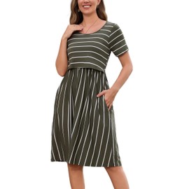 QINYI Women's Nursing Dress for Breastfeeding Dress Striped Sleeveless/Short Sleeve Postpartum Dress Nursing Friendly Dresses (US, Alpha, Medium, Regular, Regular, Olive Stripe)