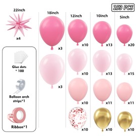 PTGOLUO Pink Balloons Garland Arch Kit 153pcs with Star - 22 18 12 10 5in Different Size Shades of Pink and Gold Confetti Latex Balloons for Birthday Baby Shower Wedding Valentine's Party Decorations
