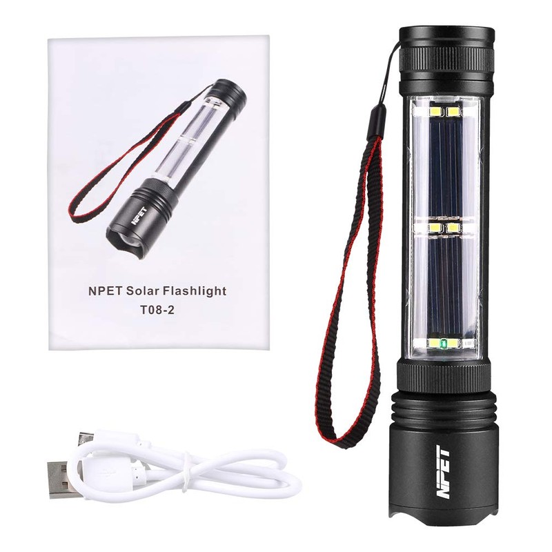NPET T08-2 Solar Power Flashlight Car Flashlight USB Rechargeable Tactical