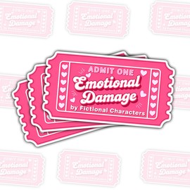 3 Pcs Emotional Damage by Fictional Characters Ticket Stickers – Funny Sarcastic Decals – Gifts for Fans of Fiction and Pop Culture – for Laptop, Water Bottle, Tumbler – 3"x3"