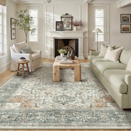 PureCozy 8x10 Large Area Rugs for Living Room Washable Non Slip Vintage Rugs Low Pile Lightweight Soft Floral Traditional Distress Print Carpet for Bedroom Dining Room Home Office Light Taupe Brown