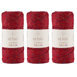 3 Skeins of Sensy 1.5mm 164 Yards Sparkle Polyester Rope 90% Polypropylene 10% Polyester Cord Macrame Cord Crochet Bag Cord Macrame Rope Crochet Thread Gift for Knitter (Dark Red Multi Sparkle)