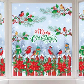 Whaline 9 Sheets Merry Christmas Window Cling Stickers Cardinal Bird Poinsettia Flower Red Green Reusable Window Decals for Xmas Winter Party Home Office Classroom Decoration
