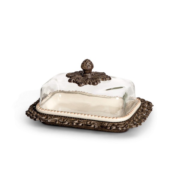 Cream Ceramic Butter Dish with Metal Work in Acanthus Leaf