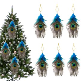 Hanging Peacock Feather Ornaments for Christmas Tree Decoration Wedding Birthday Party Decor (Blue 6pcs)
