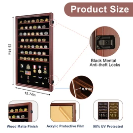 Verani Medals Display Case - Military Challenge Coin Display Shadow Box - Pin Display Cabinet with Removable Shelves and Pinnable Background for Badges Ribbons Insignia Buttons Overized Mahogany