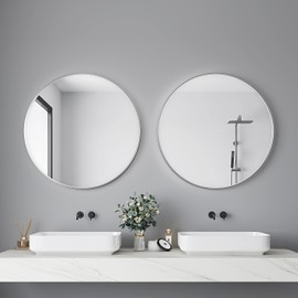 Itrue Round Mirror Silver 36 Inch for Bathroom Circle Mirrors for Wall Decorative Brushed Metal Frame Mirror for Living Room Bedroom, Entry