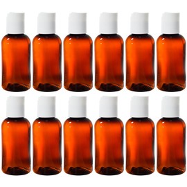 Amber 2 oz Boston Round PET Bottles (BPA Free) with White Disc Cap Dispenser (12 Pack) + Labels