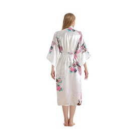 TRIFOLIUM Silky Peacock Satin Kimono Robe and Chemise Dressing Gown Wedding Negligee Nightdress Light Pink, Kimono White