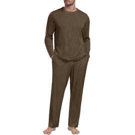 PrinStory Men's Pajama Set Soft Long Sleeve Shirts and Pants Mens Pjs Loungewear 2025 Outfits Sweatsuit Coffee M