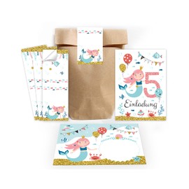 Minkocards 12 Invitation Cards for Children's Birthday Party 5th Birthday Girl Mermaid Including 12 Envelopes, 12 Party Bags/Natural, 12 Stickers Invitation Set
