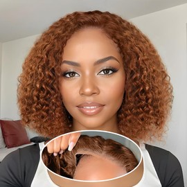 HD Glueless Wigs Human Hair Pre Plucked Pre Cut Bob 4x4, 14 Inch #30 Light Brown 210% Density Hairline Curly Bob Wig Human Hair, Wear and Go Deep Wave Lace Front Wigs Human Hair for Black Women