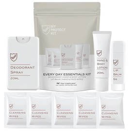 MY PROTECT KIT Artículos Esenciales De Viaje Aprobados Por La Tsa Para Hombres Y Mujeres: Kit De Higiene Con Artículos De Tocador Para Uso Diario. Incluye Loción Para Manos Y Cuerpo, Desodorante,