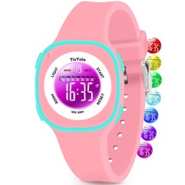 TixYolo Digital Kids Watch for Girls Boys with 7 Color Lights 50M Waterproof,Alarm,Stopwatch,Soft Strap,Children Gifts Sports Watch for Kids Boys Girls 6-12 Years(Pink)