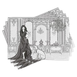 ABAKUHAUS Teen Room Place Mats Set of 4, Fashion Woman Victorian, Washable Fabric Placemats for Dining Room Kitchen Table Decor, Dark Grey and White