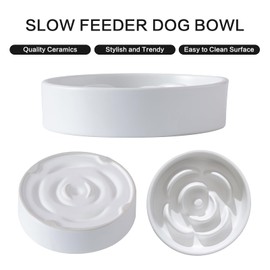 Welloyed 6'' Ceramic Slow Feeder Dog Bowls - Petal Shape Modern Dog Food Dish for Cats and Small Breed Dogs, Puzzle Maze Bowl to Slow Down Eating, Anti-Gulping, Dishwasher & Microwave Safe, White